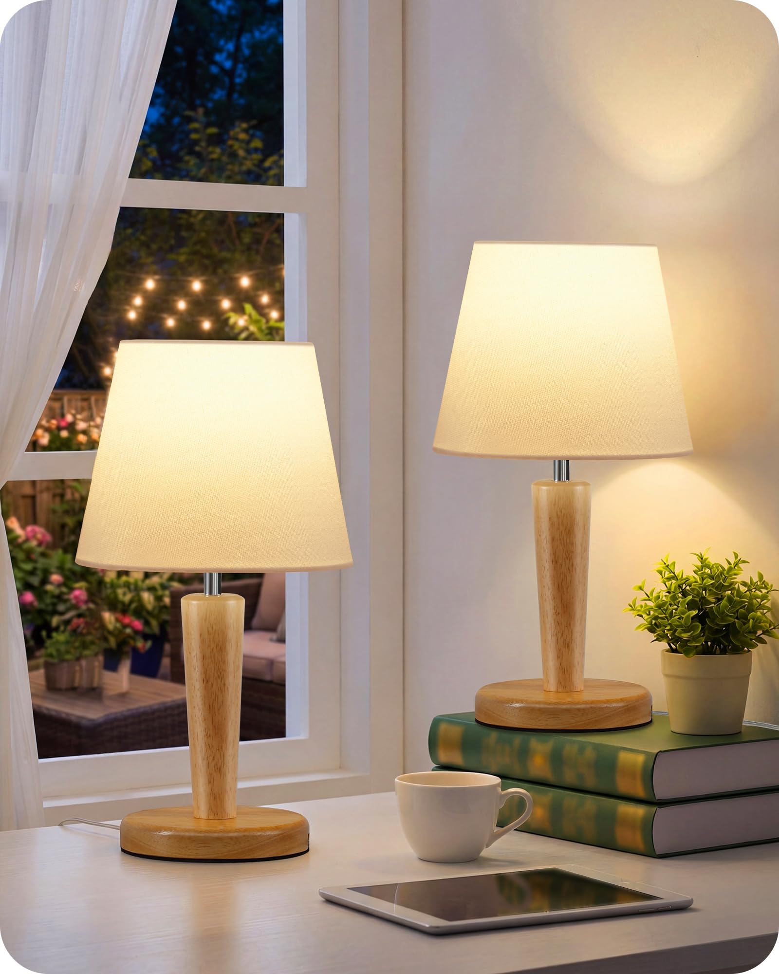 GOEBLESON Small Bedside Lamps Set of 2, Wood Bedside Table Lamp with White Linen Shade, 3 Color Temps, E27 LED Bulb Included, Cute Little Desk Lamp for Bedroom, Living Room, Window Sill ZMW13TLKP205