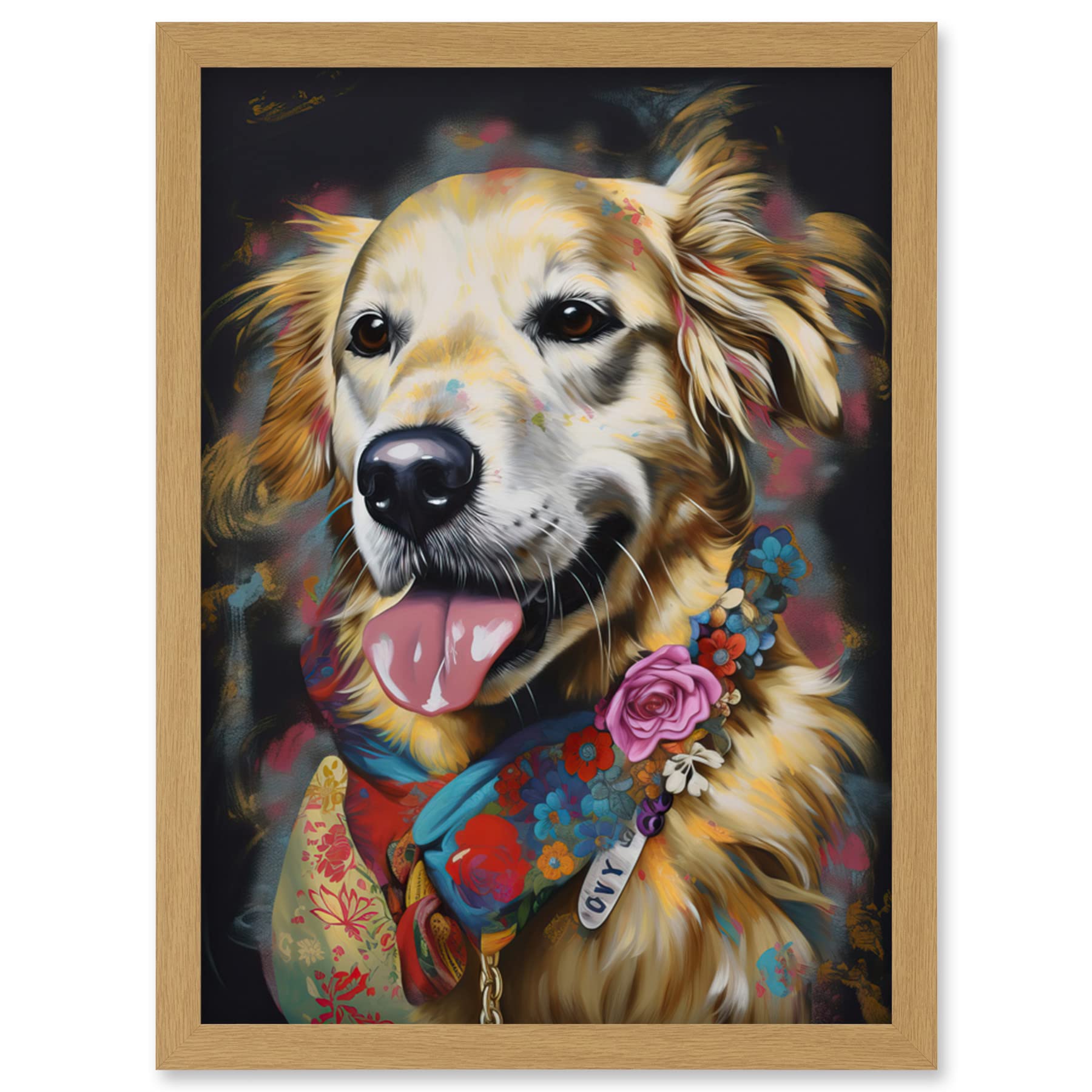 Golden Retriever Dog Floral Bandana Collar Artwork Framed Wall Art Print A4 - Artery8