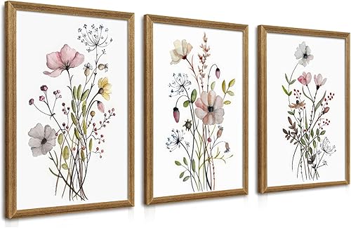 Miniatura 11 de WRFON Juego de 3 lienzos de flores silvestres para pared, impresiones florales botánicas sin marco, lienzo de flores de prado para sala de estar,