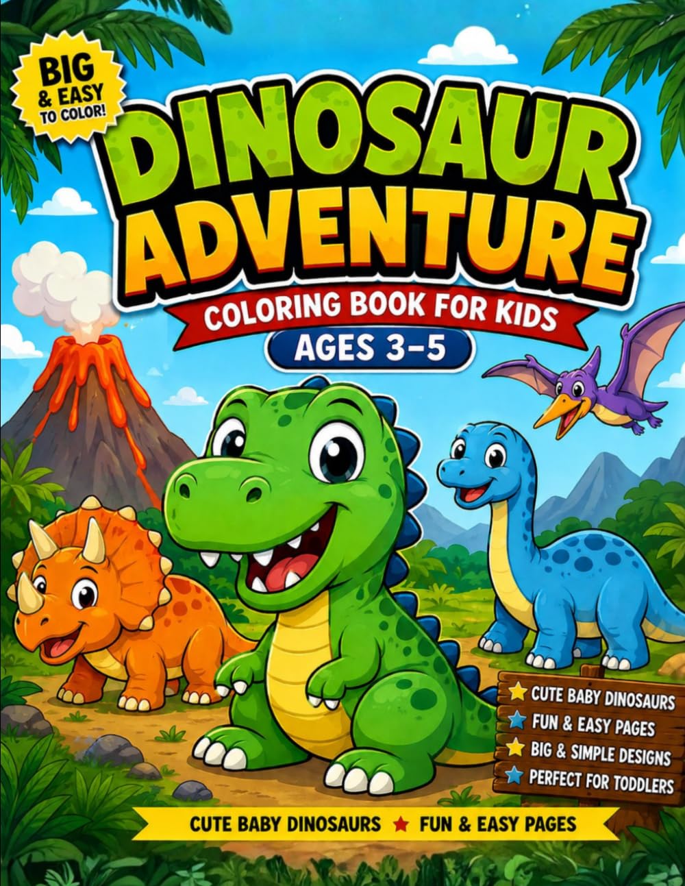Dinosaur Adventure Coloring Book for Kids Ages 3–5: Cute Baby Dinosaurs, Fun & Easy Coloring Pages, Activity Book for Toddlers and Preschool Kids