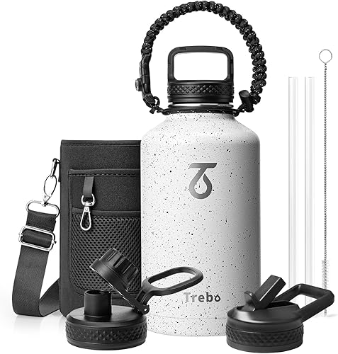 Miniatura 25 de Trebo Botella de Agua de 24 oz Aislada con Tapa y Pajita, Termo de Acero Inoxidable de Doble Pared al Vacío con Mango de Paracord, Frasco Deportivo