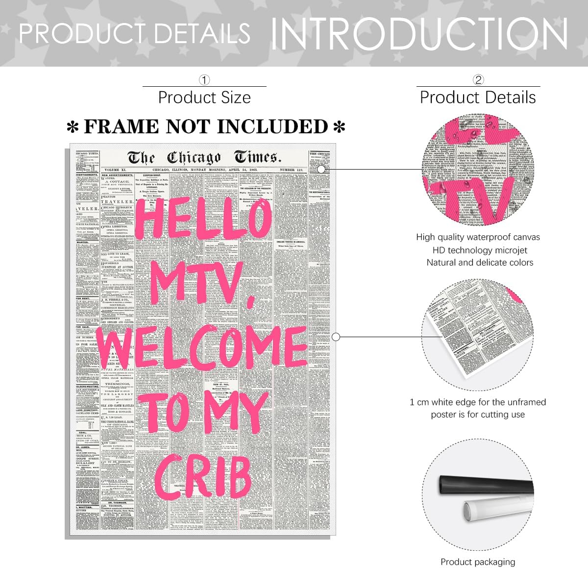 Vintage Pink Font Black and White Newspaper Poster Hi MTV Welcome To My Crib Newspaper Canvas Wall Art Trendy 70's Room Aesthetic Poster for Wall Typography for Bedroom 24x36in Unframed