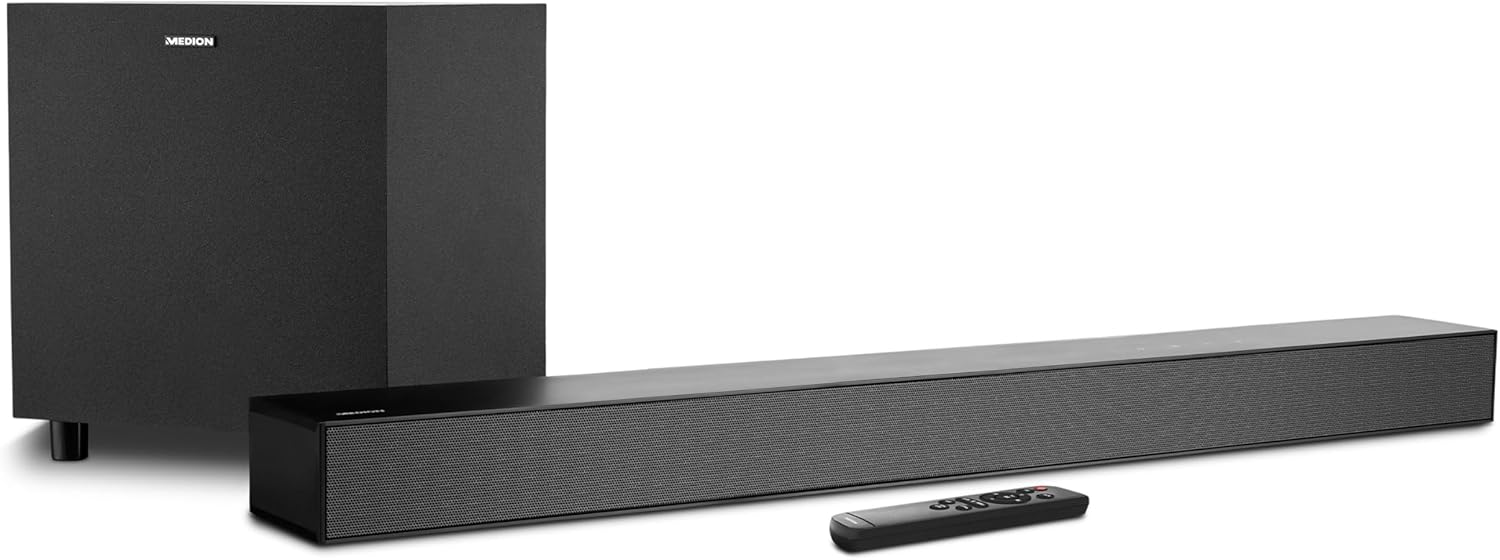 MEDION Dolby Atmos Soundbar S61022 (3.1, 3x 20 W + 60 W, wireless subwoofer, Bluetooth 5.3, HDMI eARC CEC, ingresso ottico, AUX, telecomando)