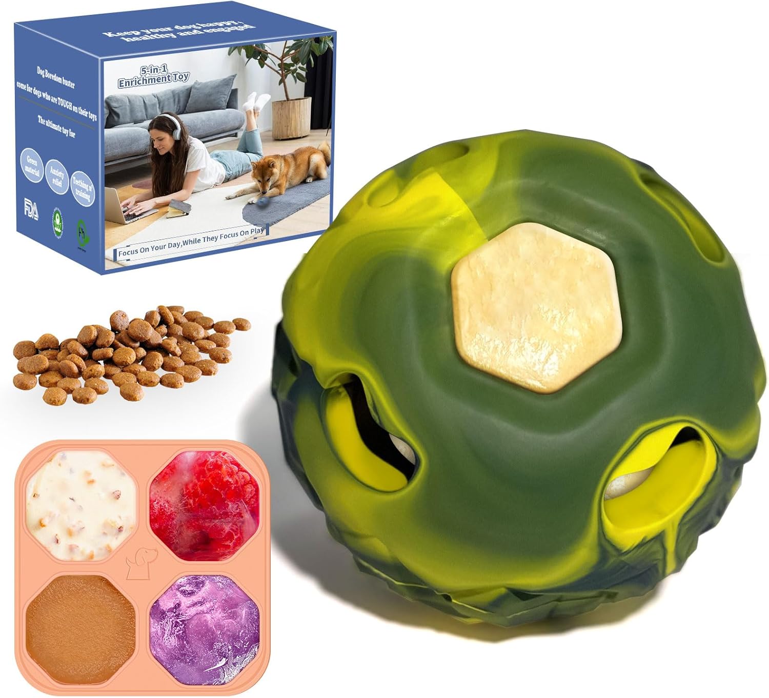 5-in-1 Dog Enrichment Toy – Bite & Brush Freeze Ball, Dog Toys, Interactive Chew Toy for Large Aggressive Chewers (25-85 lbs), Freezable Bone for Dogs, Homemade Treat Dispenser (Green, Large)