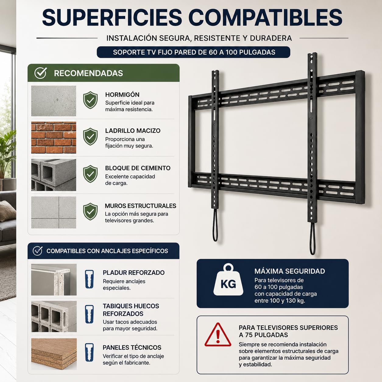 CABLEPELADO - Soporte TV Fijo de Pared 60-100” | Ultra Delgado | Acero Resistente 130 kg | VESA 900x600mm | Compatible con Pantallas Curvas | Negro