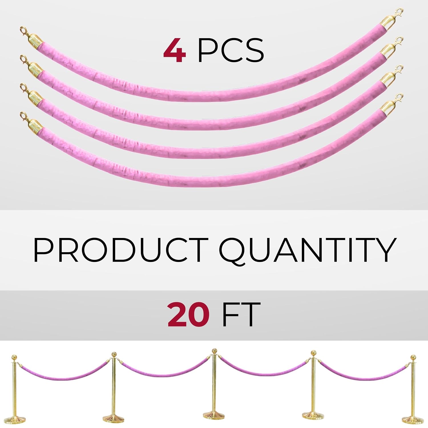 4 PСS Station Set for Parties - Light Pink Rope Stations for Hotel Lobby VIP Ropes for Posts with Snap Hooks Twisted Ropes for Stands Queue and Special Events