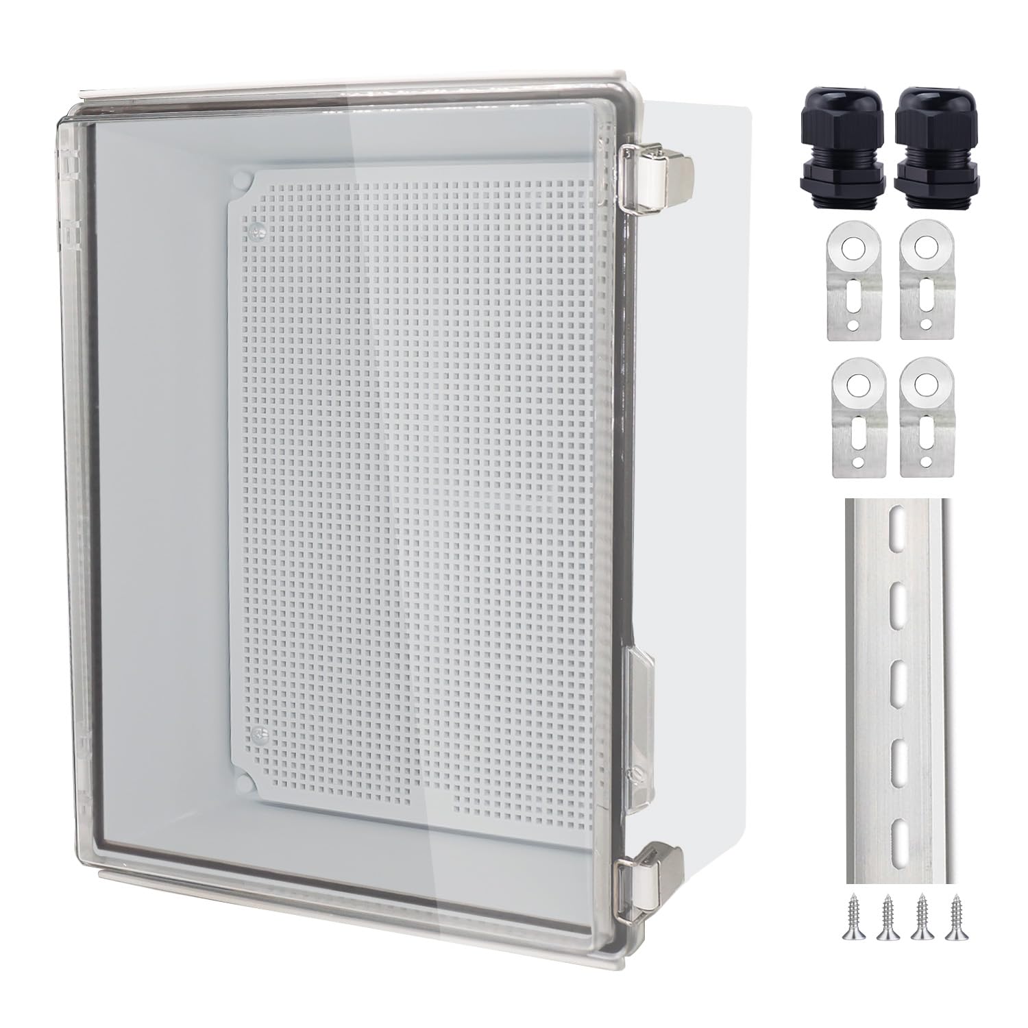 IP67 Waterproof Junction Box, ABS Plastic Electrical Enclosure with Stainless Steel Latch, Hinged Cover Electric Box with Mounting Plate, Wall Brackets & Cable Glands 280x190x130mm — Amazon image 19