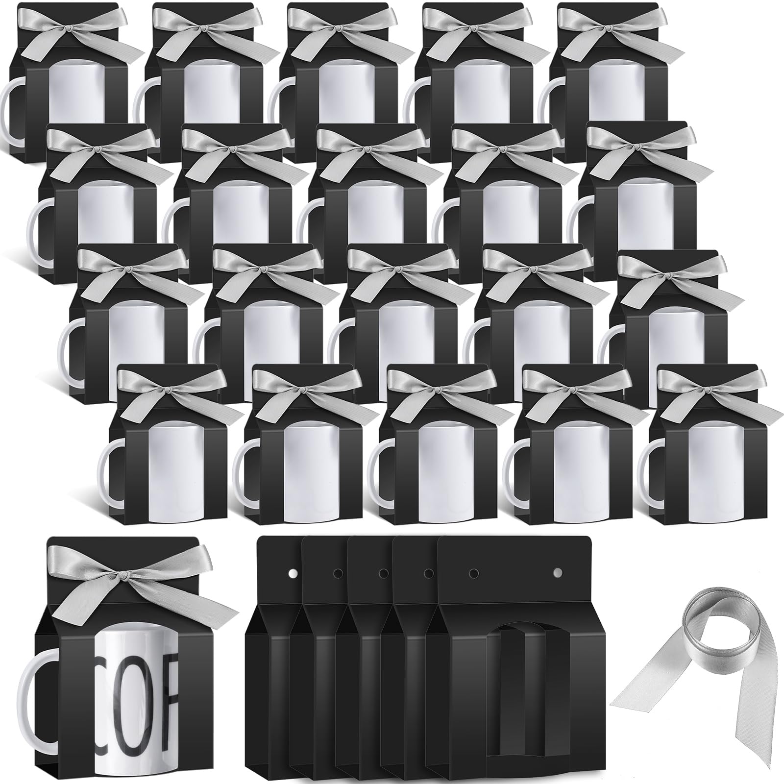 Kosiz 36 Pcs Mug Boxes Sublimation Coffee Mugs Gift Bags with Window Packaging Storage Box for Shipping Selling Chirstmas Gift Packaging Wrapping (for 11oz Mug,Black,Silver)