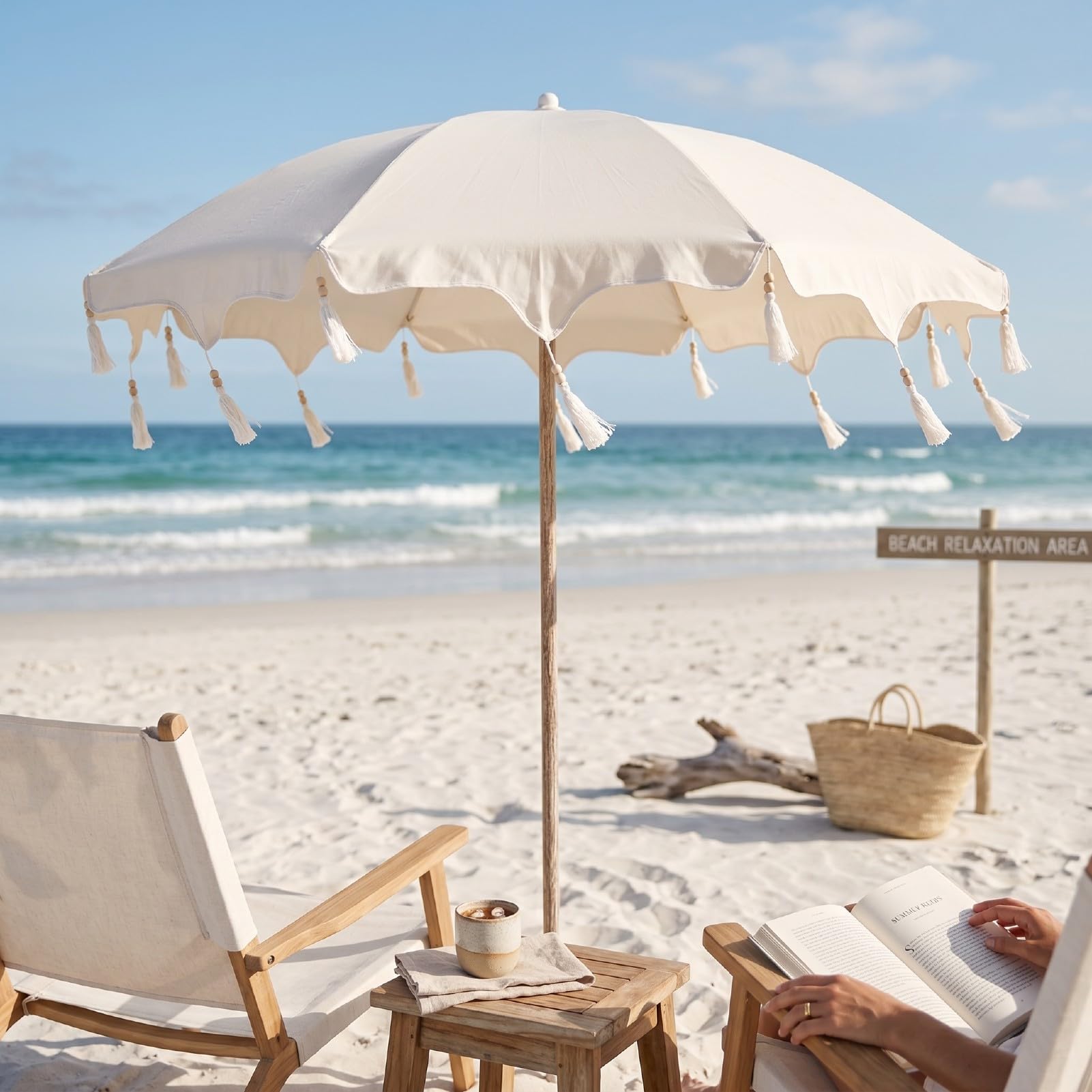 Naroote Parasol Ogrodowy, Przenośny Parasol Plażowy z Frędzlami i Kotwicą do Piasku, Tkanina Poliestrowa, Ochrona UPF 50+, Torba Transportowa, Duży Cień, w Ogrodzie, na Podwórku