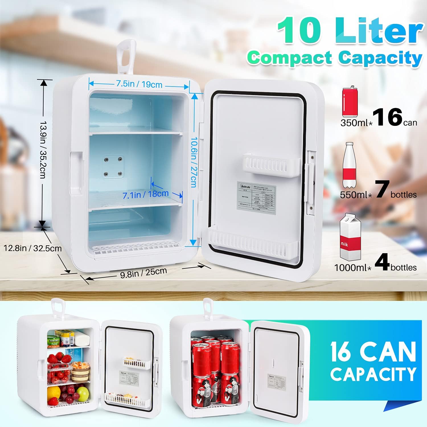 AstroAI Mini Fridge,10 Liter Compact Refrigerator Mini Cooler Warmer with AC/DC Power,Thermoelectric Skincare Fridge Great for Car,Bedroom,Office,Dorm,Travel(Black): Appliances
