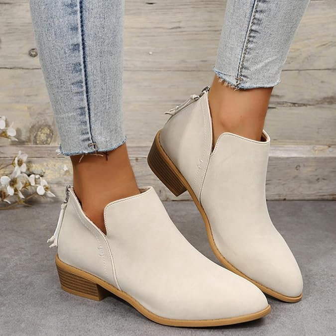 SACFOF Women's Ankle Boots Low Heels Chunky Fashion Zipper Dressy Booties for Women Pointed Toe Slip On Dress Short Shoes