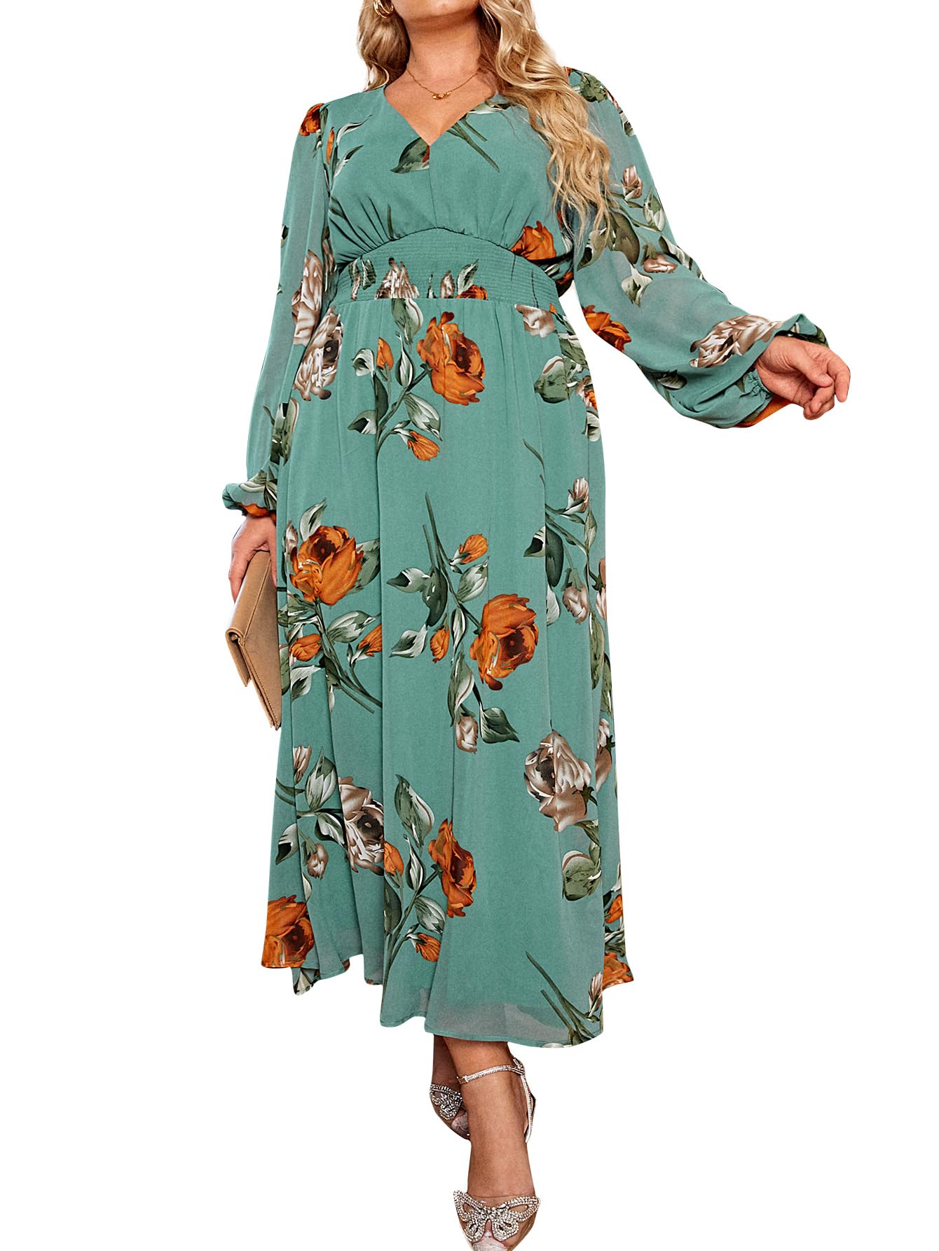 Simplee Women's Plus Size Easter Dress Spring Long Sleeve Floral Maxi Dress V Neck Empire Waist Boho Maternity Dress for Photoshoot (3XL Lake Green)