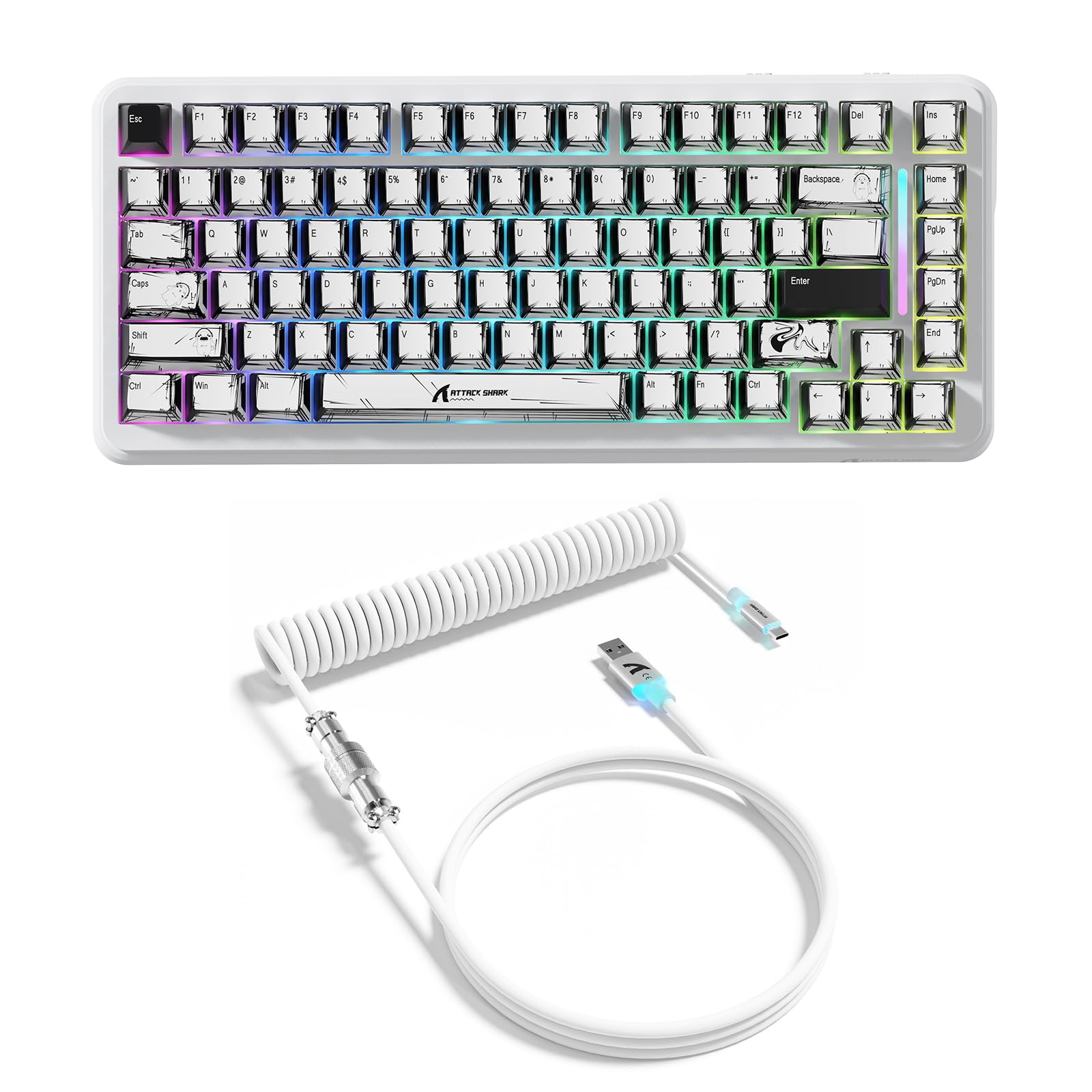 ATTACK SHARK X82PRO HE Tastiera Magnetica Wireless 75% con Attivazione Rapida, Tastiera da Gaming Cablata 8000, Switch Hall Effect a Corsa Regolabile, QWERTY, C01 Cavo Spiralato RGB –Comic