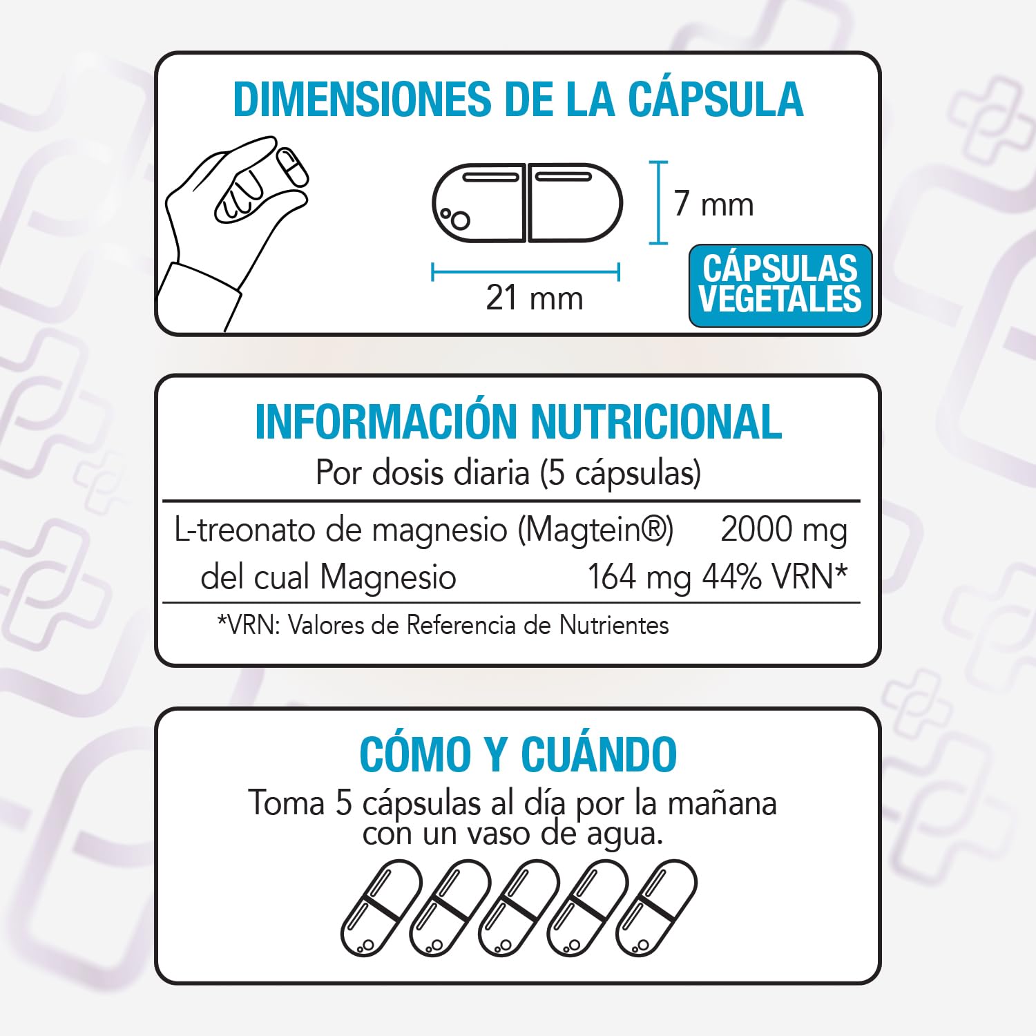 L-Treonato de Magnesio Magtein 2000 mg por Dosis PiùLife, 150 Cápsulas