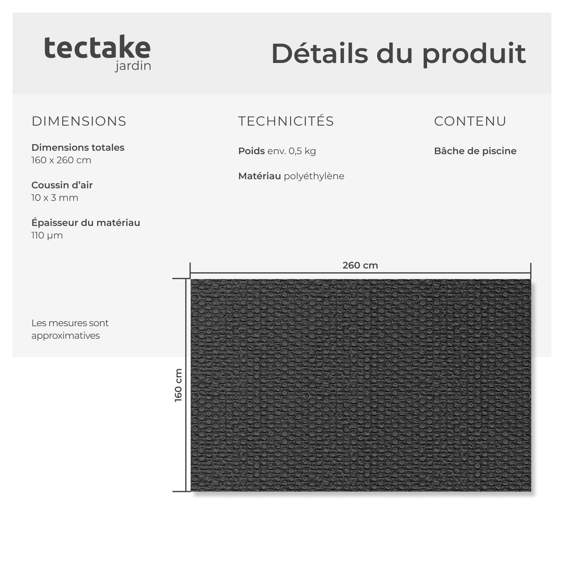 tectake® Bache a Bulle Piscine 1,6 x 2,6 m, Bache Piscine Adaptable à la Taille souhaitée, Bâche de Protection et Chauffage Solaire rectangulaire Piscines, Spa, Bassin, Faible évaporation de l'eau