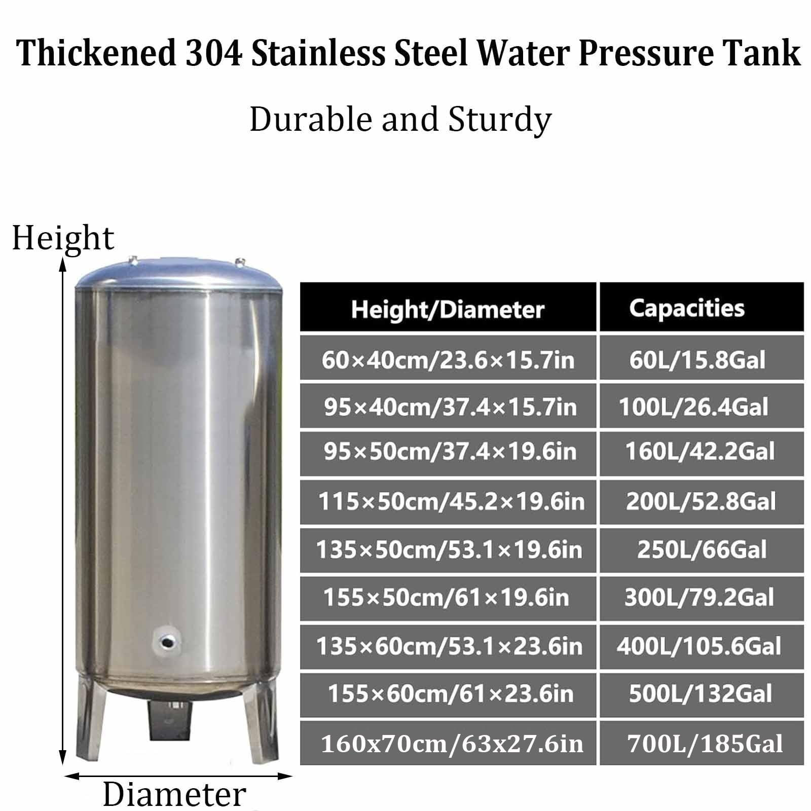 Tanque de almacenamiento de agua a presión — 16-185 galones — de acero inoxidable 304, para sistemas de agua, hogar, granjas, baños, jardines y cocinas(95x40cm(100L/26GaL))