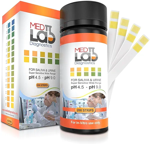 pH Test Strips 4.5 to 9.0 (200 ct) for Urine and Saliva Body pH Testing. Urinalysis Reagent Test Strips for Acidity and Alkalinity. Alkaline Diet Food and Acid pH Testing