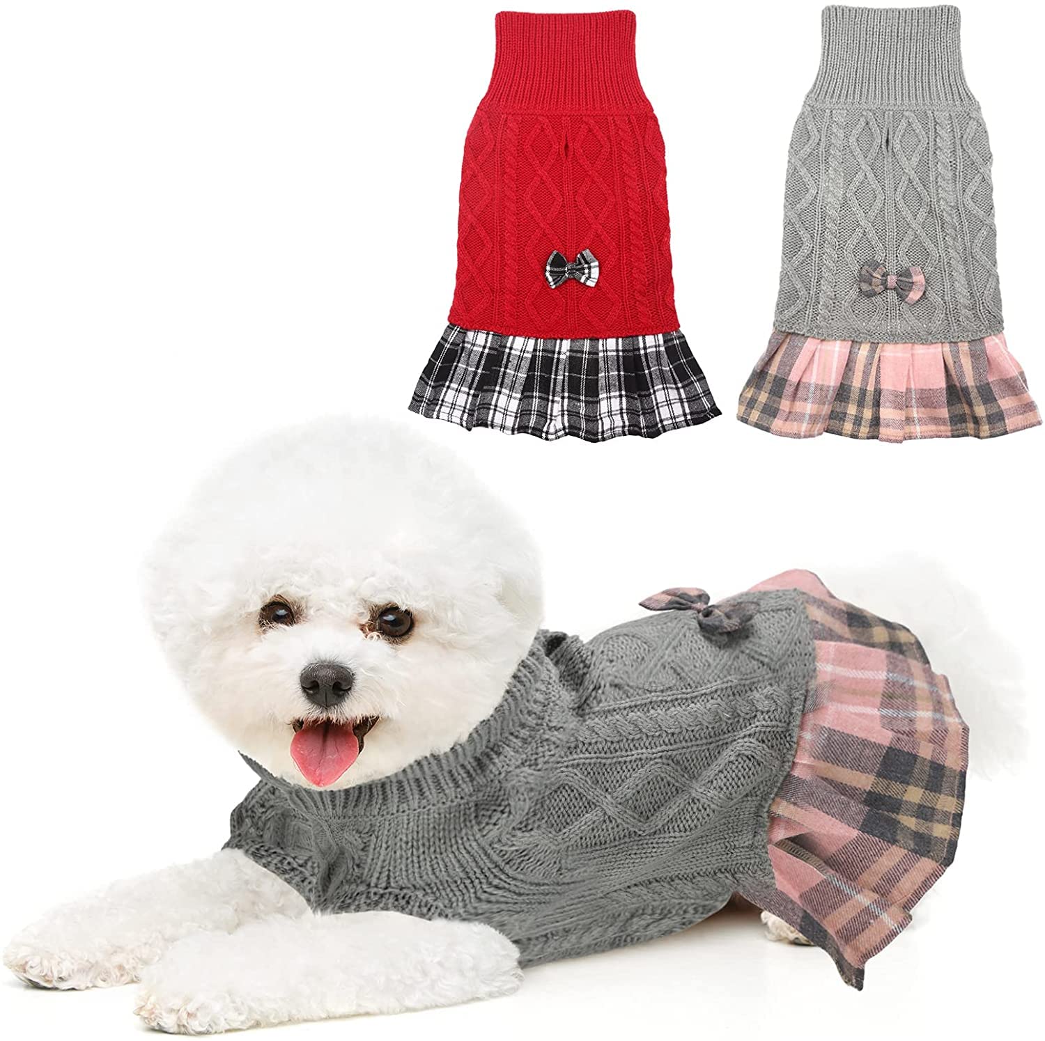 KUTKUT Pack of 2 Plaid Sweater Dress with Bowtie for Small Dogs - Dog Turtleneck Pullover Knitwear Cold Weather Sweater with Leash Hole for Shihtzu, Pekingese, Cats (Size: M, Chest: 36cm - 42cm) (B0CLYJRLNN) Amazon Price History, Amazon Price Tracker