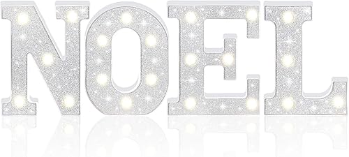 Roowest 4 letras LED de Navidad con purpurina, letras de marquesina a pilas para Navidad, hogar, bar, fiesta de cumpleaños, decoración de mesa