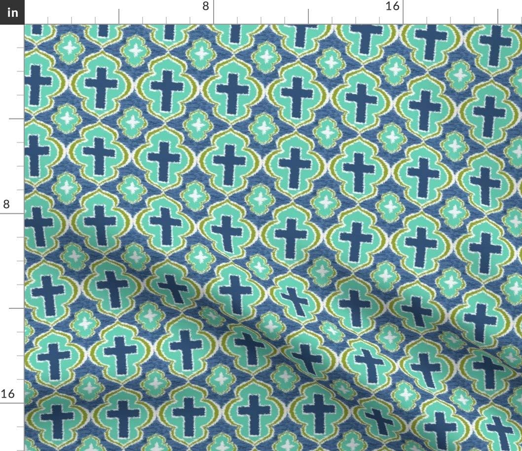 Spoonflower Fabric - Christian Cross Blue Green Bible Church Printed on Petal Signature Cotton Fabric by The Yard - Sewing Quilting Apparel Crafts Decor