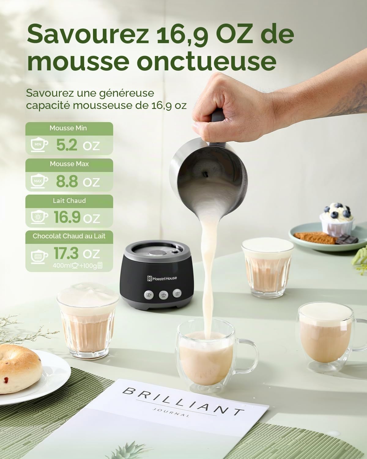 Maestri House BasicFro 500 Mousseur à lait électrique 4 en 1 600 W Smart Touch Control pour chaud et froid, fonction mémoire pour latte, lait chaud, chocolat chaud, lait