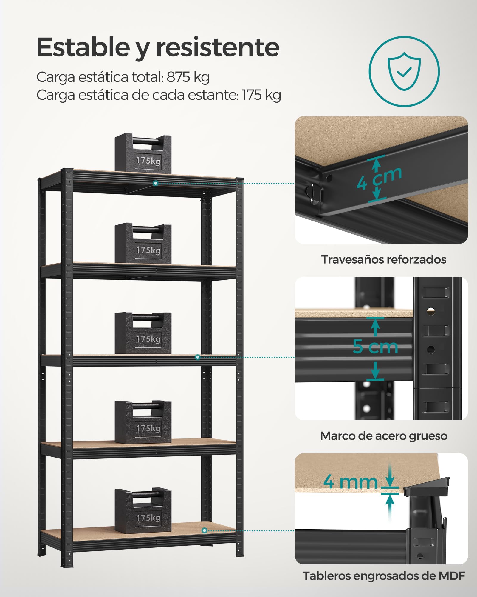 SONGMICS Estantería Pesada de 5 Niveles, Estantería de Acero, Montaje Rápido, Garaje, Almacén, Trastero, Carga de 875 kg, 40 x 270 x 180 cm, Negro GLR040B03