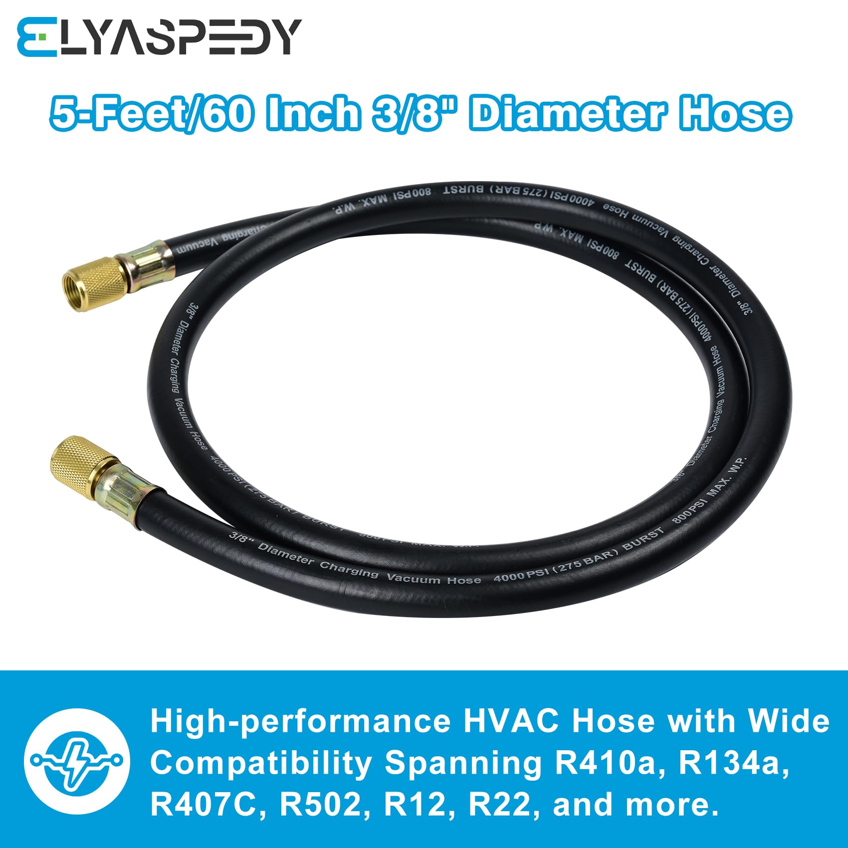 2026 Upgrade HV1 – 3/8 Zoll Vakuumschlauch, 1,5 m, Armaturen: 3/8 Zoll x 3/8 Zoll, Arbeitsdruck: 800 (Psi), Berstdruck: 4000 (Psi), kompatibel mit den meisten Kühl- und Klimaanlagengeräten, schwarz