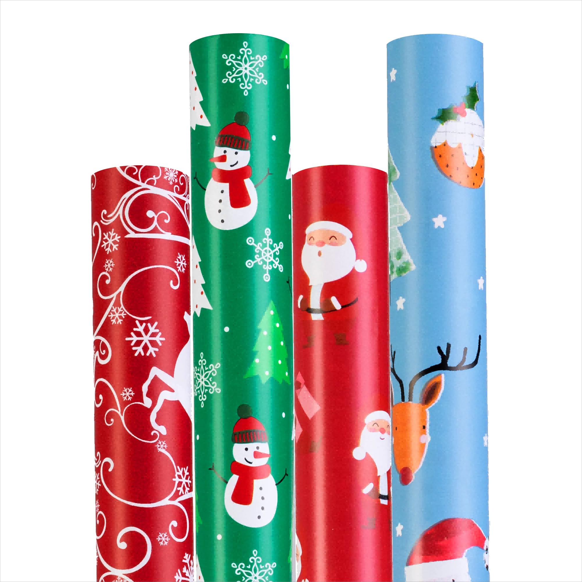 Christmas Wrapping Paper (4 Rolls: 148 sq. ft. ttl) Santa Claus Carrying Gifts, Pine Tree, Snowflakes Snowman Penguin Reindeer - Christmas Elements Collection - 30 inches x 14.8 feet Per Roll