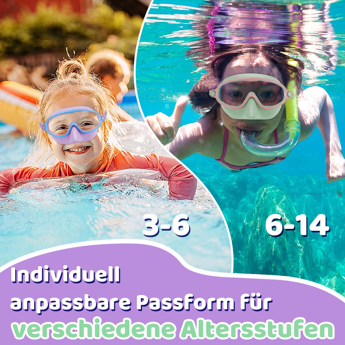 Vvinca Lot de 2 lunettes de natation avec protection nasale pour enfants de 3 à 15 ans | Masque de plongée grand angle, étanche, anti-buée et protection UV
