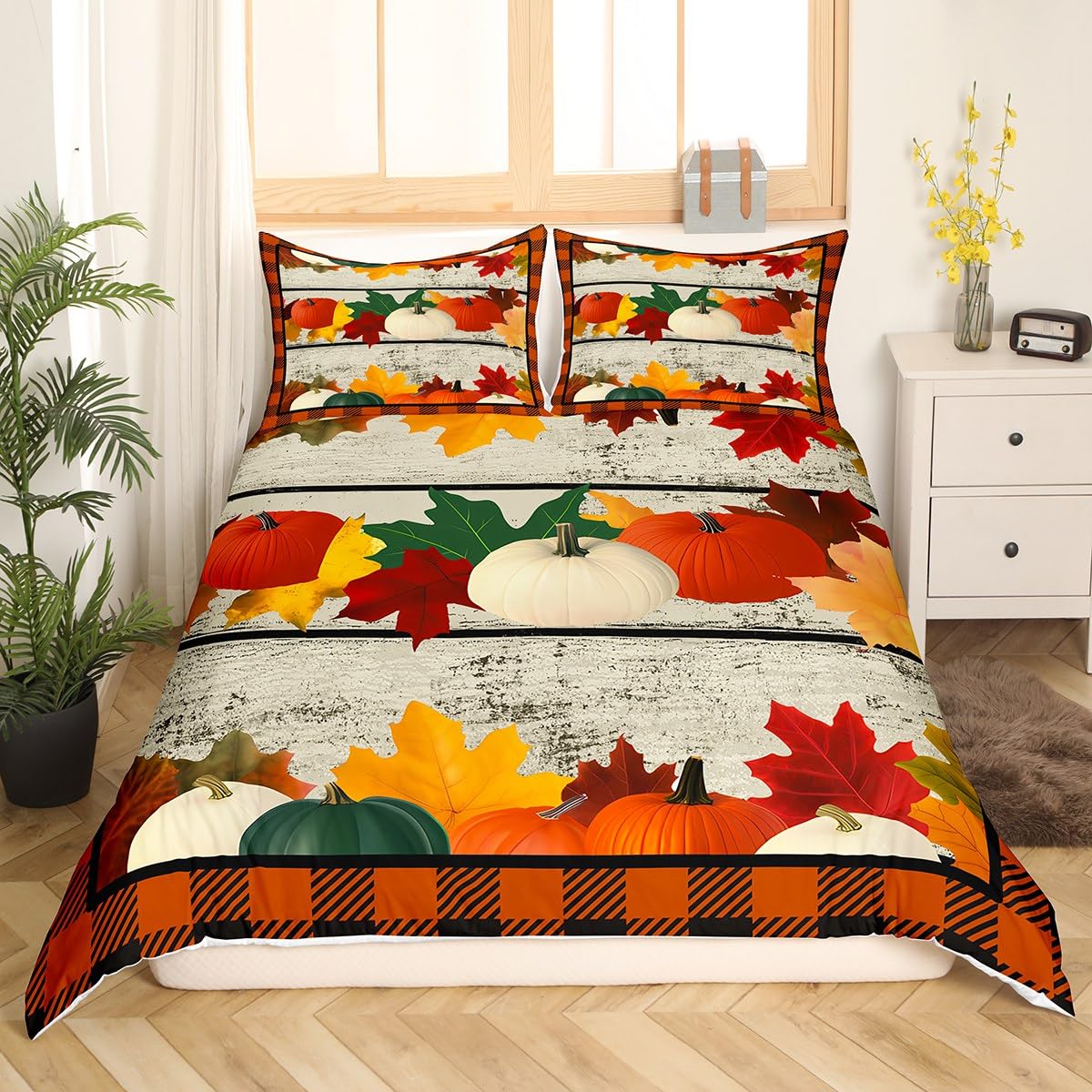 Pumpkin Bedding Duvet Cover Set Geometric Plaid Bedding Set Boys Girls Fall Pumpkin Festival Decor Comforter Cover Set Microfiber Thanksgiving Bedspread Cover Bedroom Bedclothes Twin Size