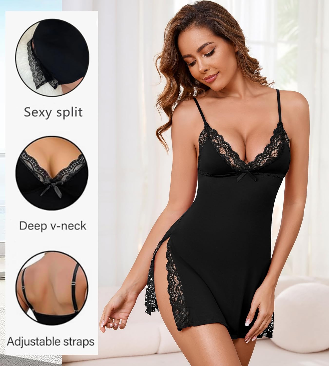 Women Lingerie V Neck Sexy Nightgown Lace Trim Sleep Dress with Side Slit Night Gowns Soft Loungewear Sleepwear - Image 3