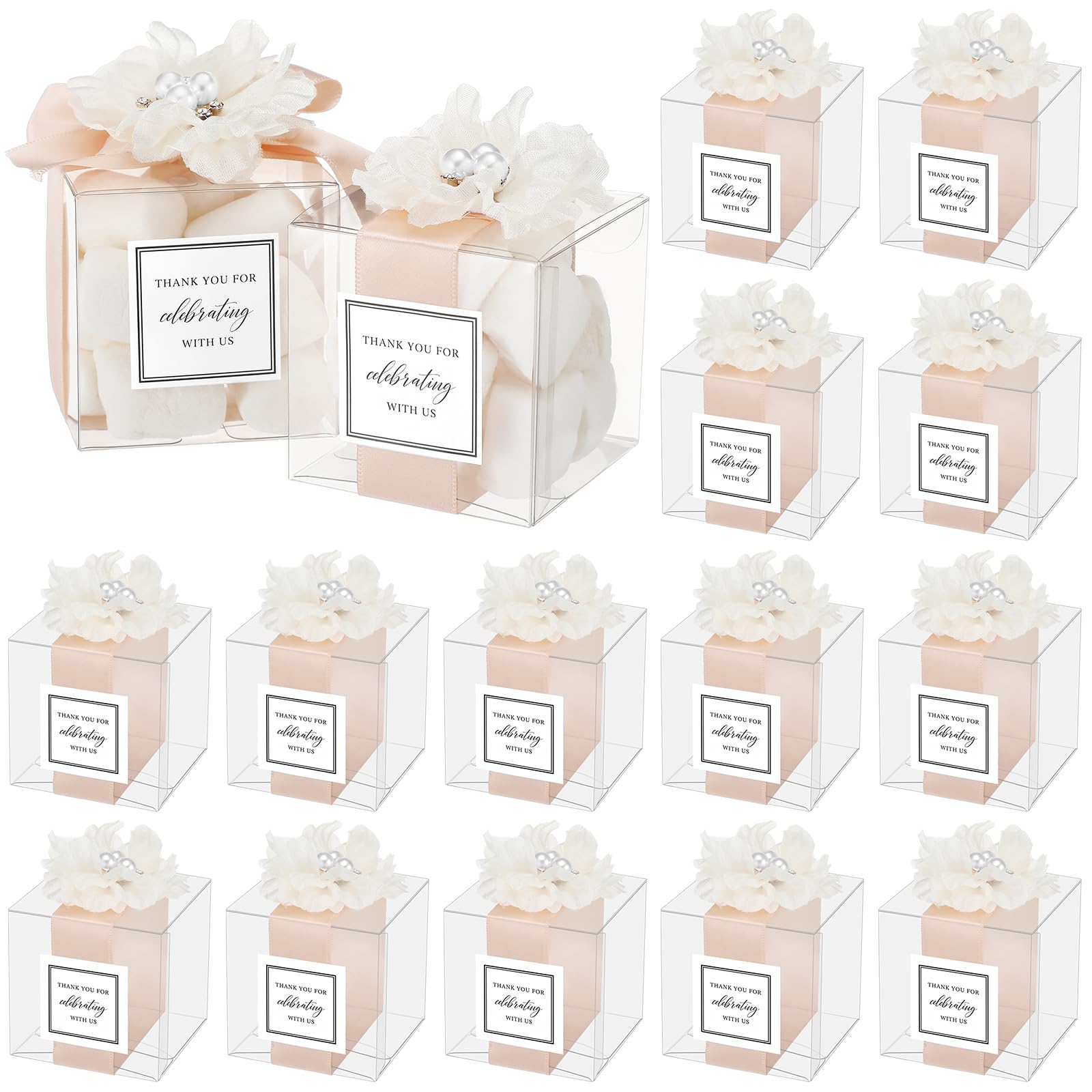 Photo 1 of Wenqik 20 Pack Clear Wedding Favor Boxes with Ivory White Pearl Flowers, Ribbon and Thank You Stickers, Elegant Plastic Candy Gift Boxes for Bridal Shower Baby Shower, Birthday Wedding Supplies