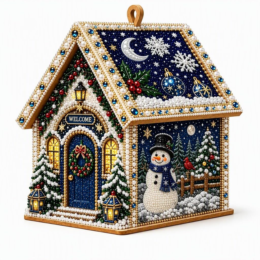 DIY 3D Christmas Wooden House Diamond Pearl Art Kit for Adults