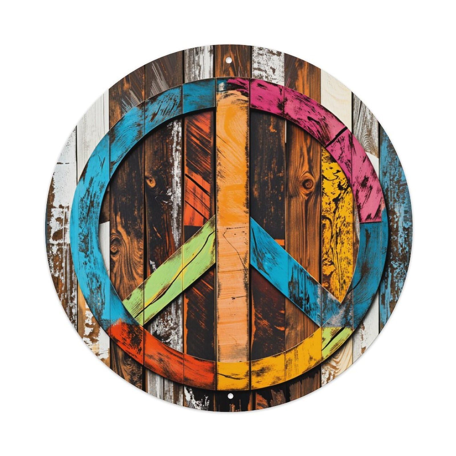 Colorful Peace Symbol On Wood Round Tin Sign Retro Metal Sign for Cafe Bar Pub Home Game Room Gym Club Wall Decoration Vintage Metal Poster 8x8 Inch