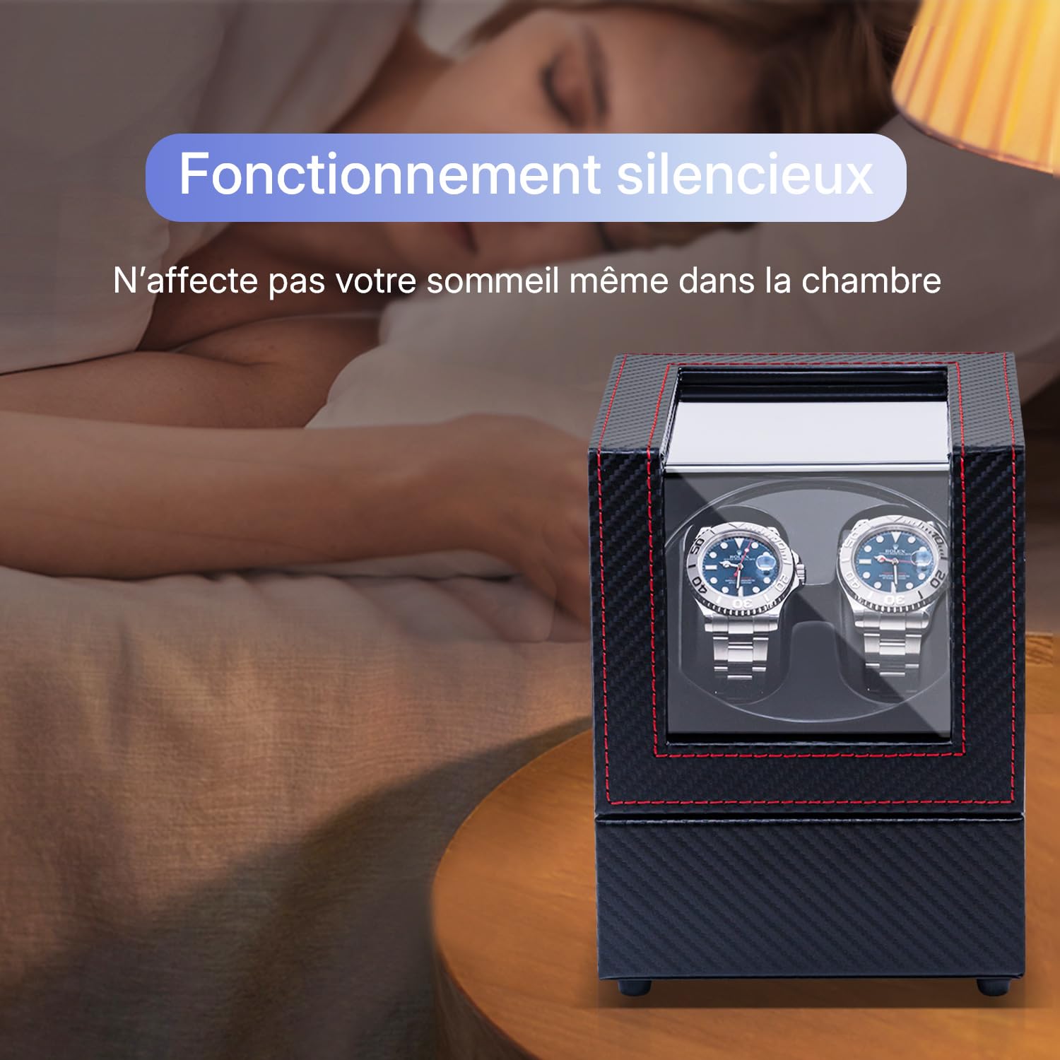 Mcbazel Double Remontoir De Montre En Cuir PU Noir - 5 Modes, USB, Lumière LED Bleue Pour 2 Montres Jusqu'à 47mm