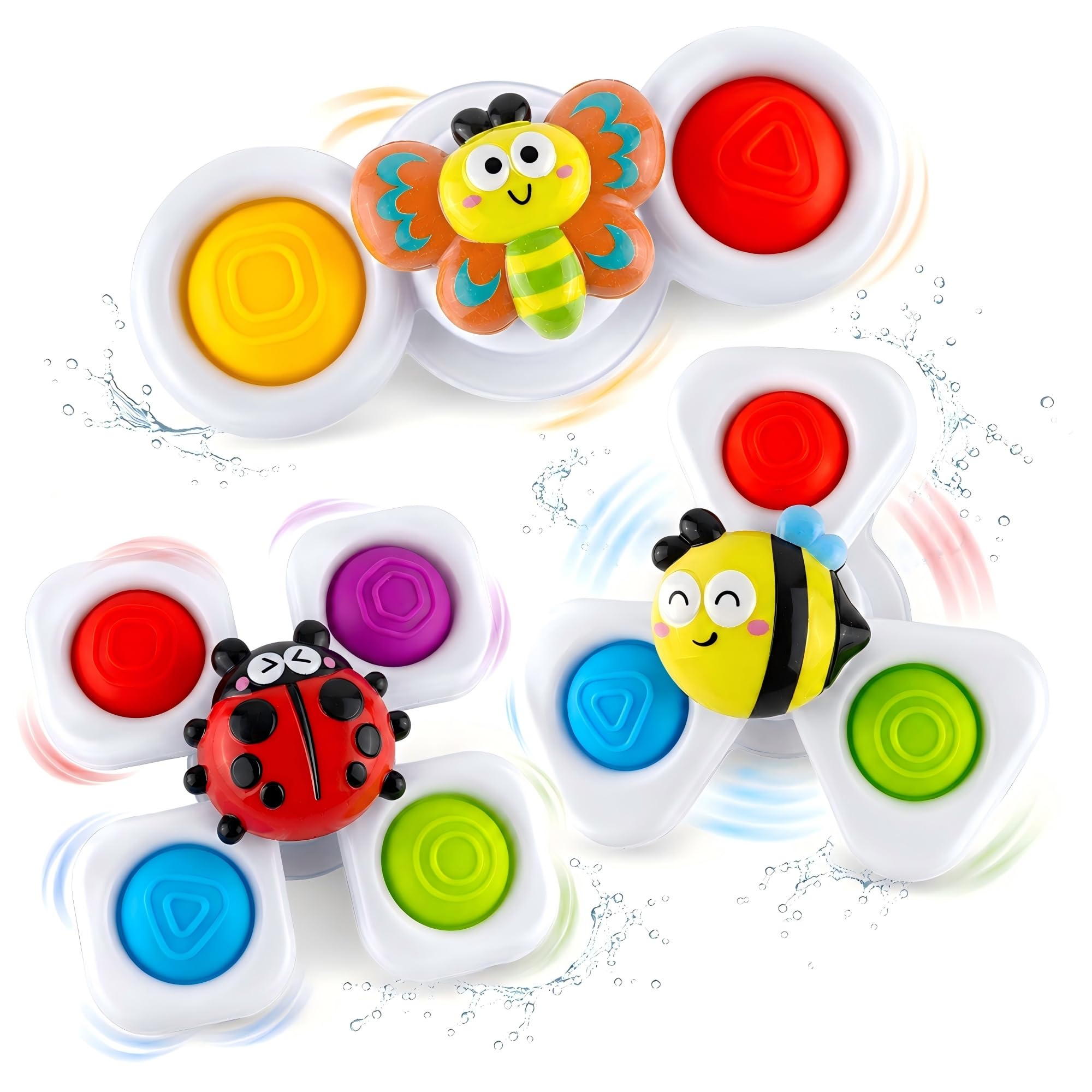 Plimto Baby Suction Spinner Toy Set of 3, Sensory Spinning Toys for Babies 6 Months+, Press Button High Chair Toy for Bath Time, Windows and Travel (Insect Set)