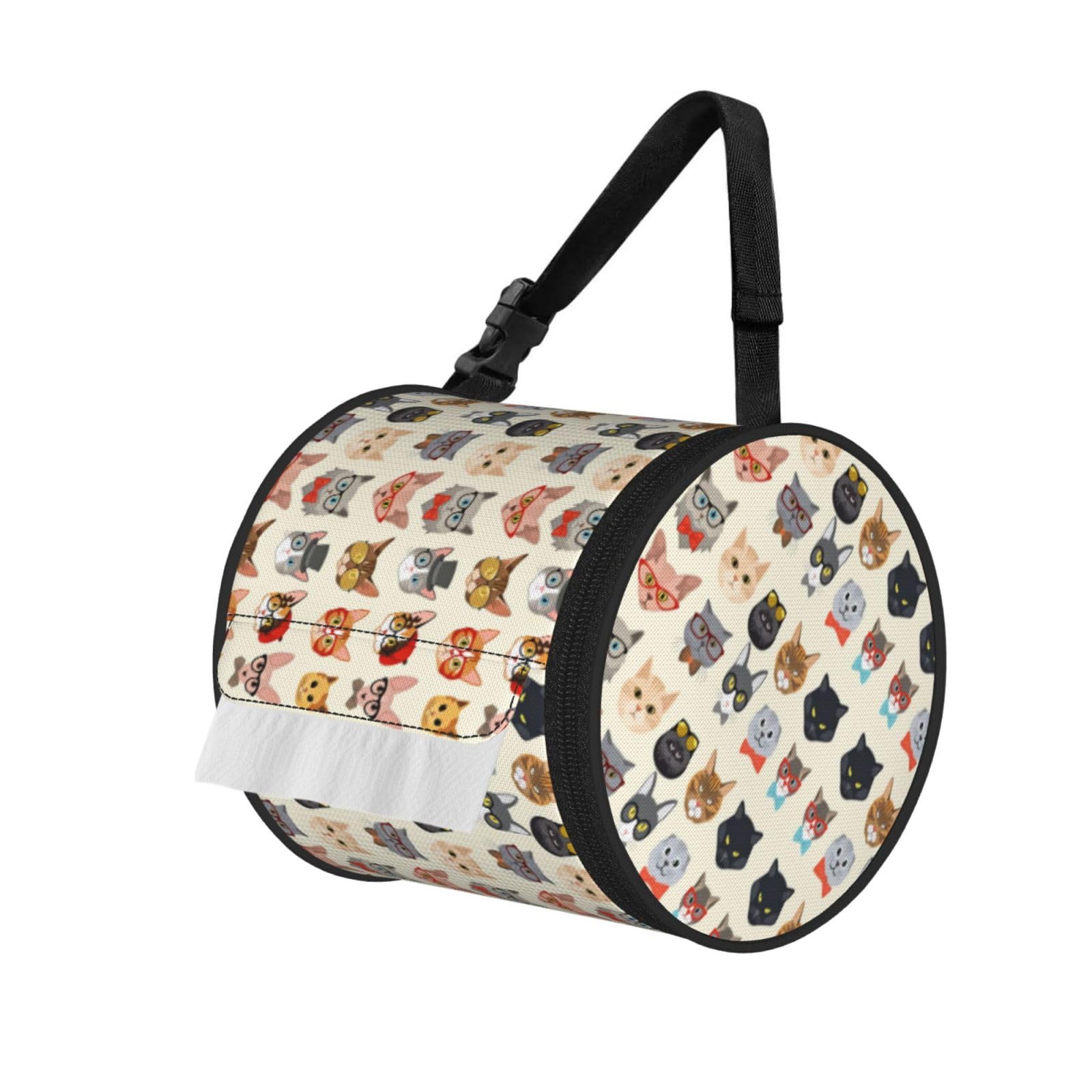 Funny Cat Print Round Tissue Dispenser Bag With Carry Strap, Portable Roll Holder For Car Travel Home