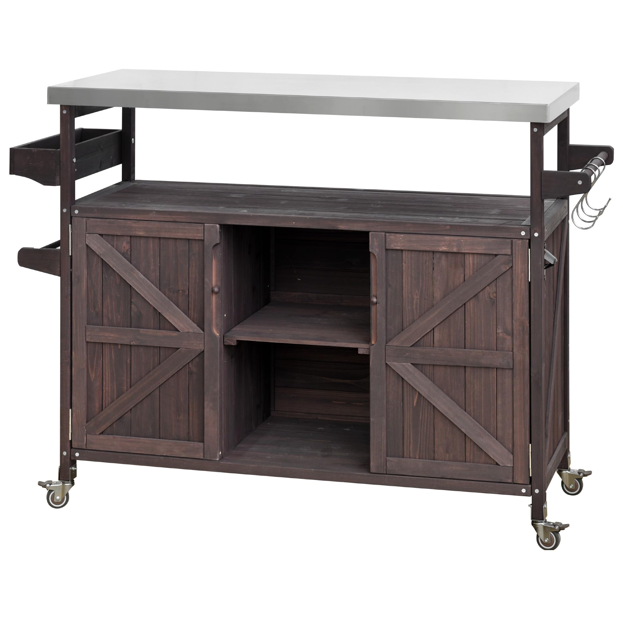 K&K Outdoor Kitchen Island, Rolling Bar Cart & Storage Cabinet, Farmhouse Solid Wood Outdoor Grill Table with Stainless Steel Top, Spice Rack, Towel Rack for Kitchen & Barbecue, Dark Brown