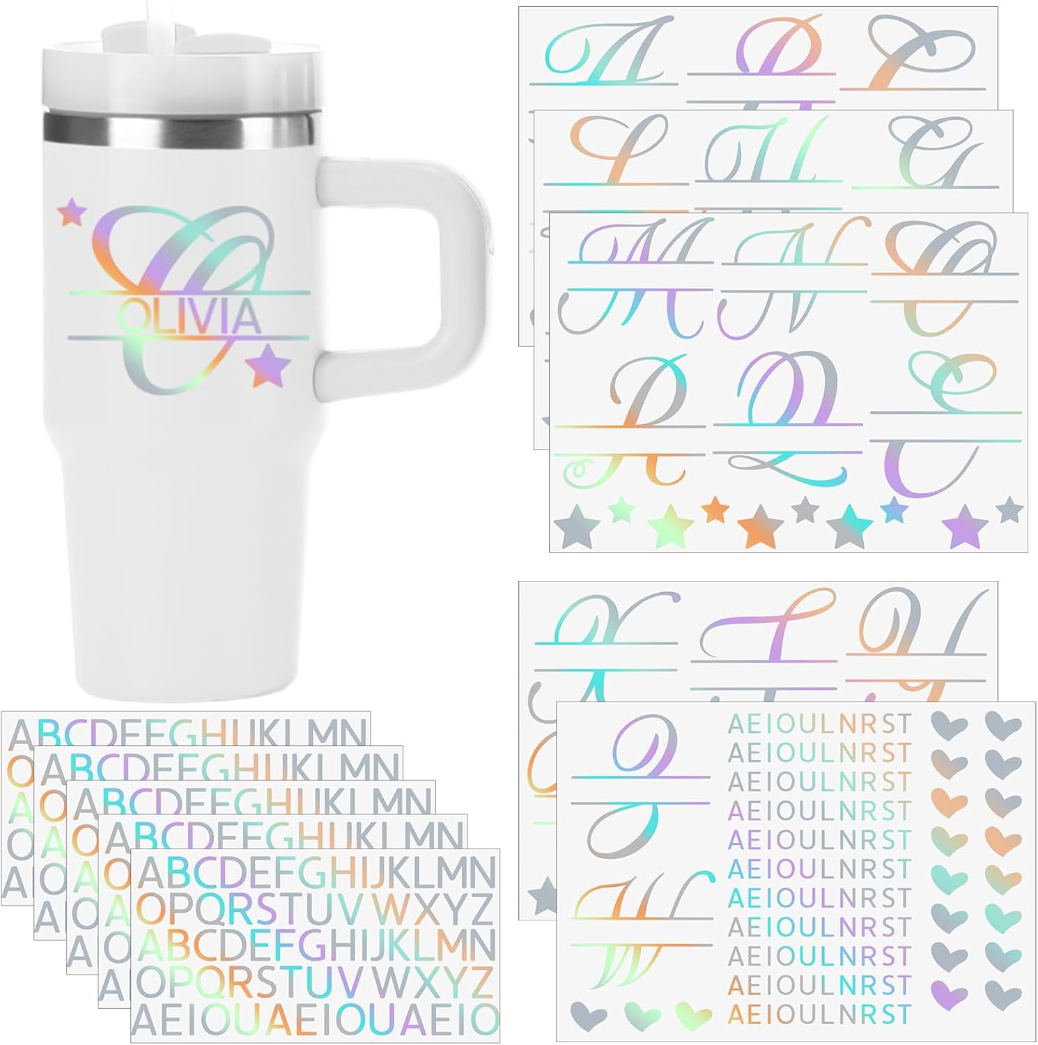 10 Sheets Personalized Custom Stickers Name Decals for Tumbler UV Monogram Sticker Cup Wraps Letter Sticker Vinyl Decal Monogram Mugs Waterproof Decals for Laptops(Iridescent)