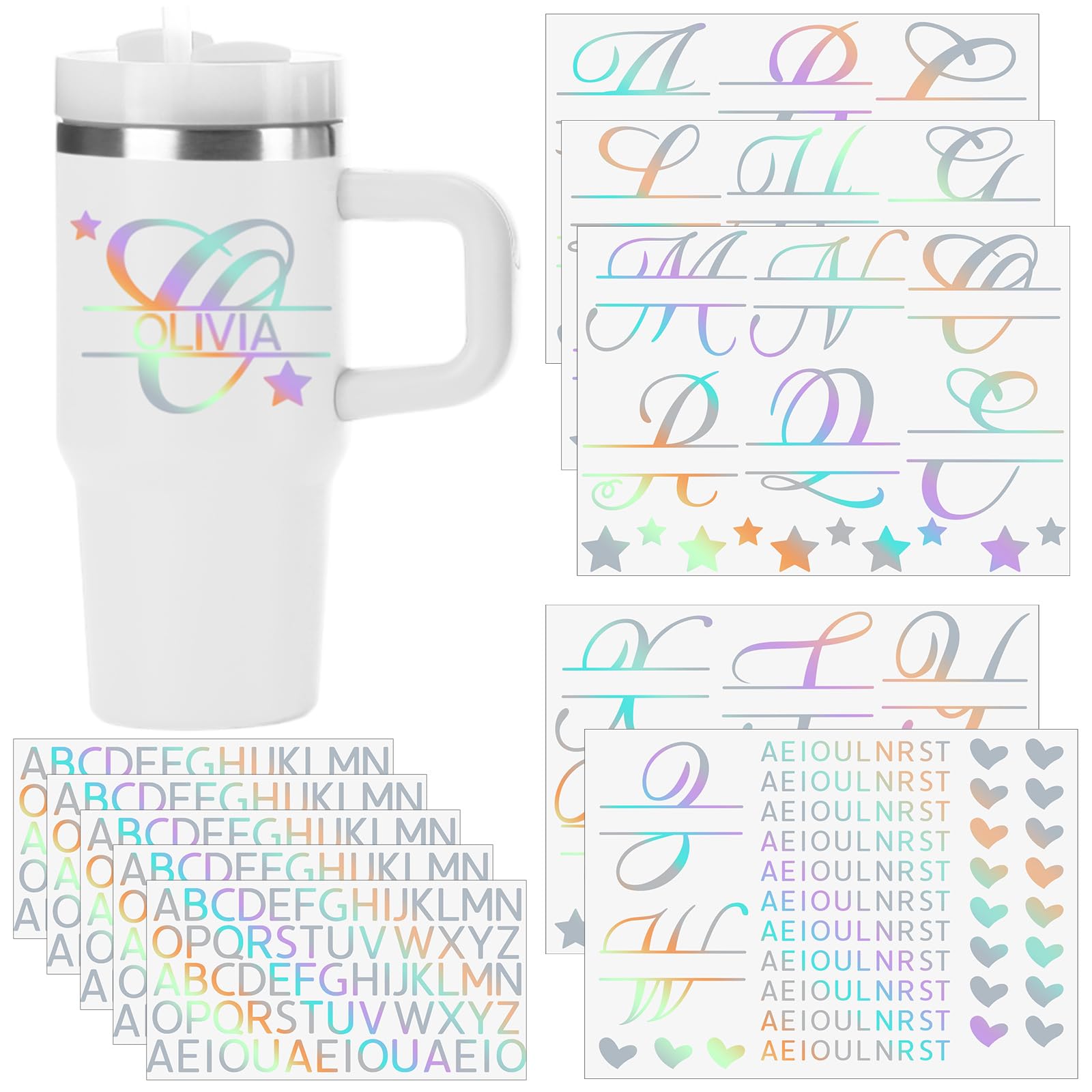 Affrolling 10 Sheets Personalized Custom Stickers Name Decals for Tumbler UV Monogram Sticker Cup Wraps Letter Sticker Vinyl Decal Monogram Mugs