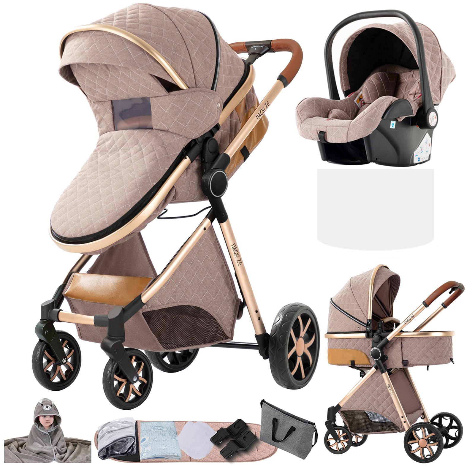 Carro Bebe 3 Piezas, Carrito Bebe 3 en 1 con Dos Modos de Empuje Reversibles, Cochecito Bebe 3 Piezas con Capazo Grande Cómodo, Carricoche Bebe 3 Piezas Alto Paisaje (V9 Khaki)