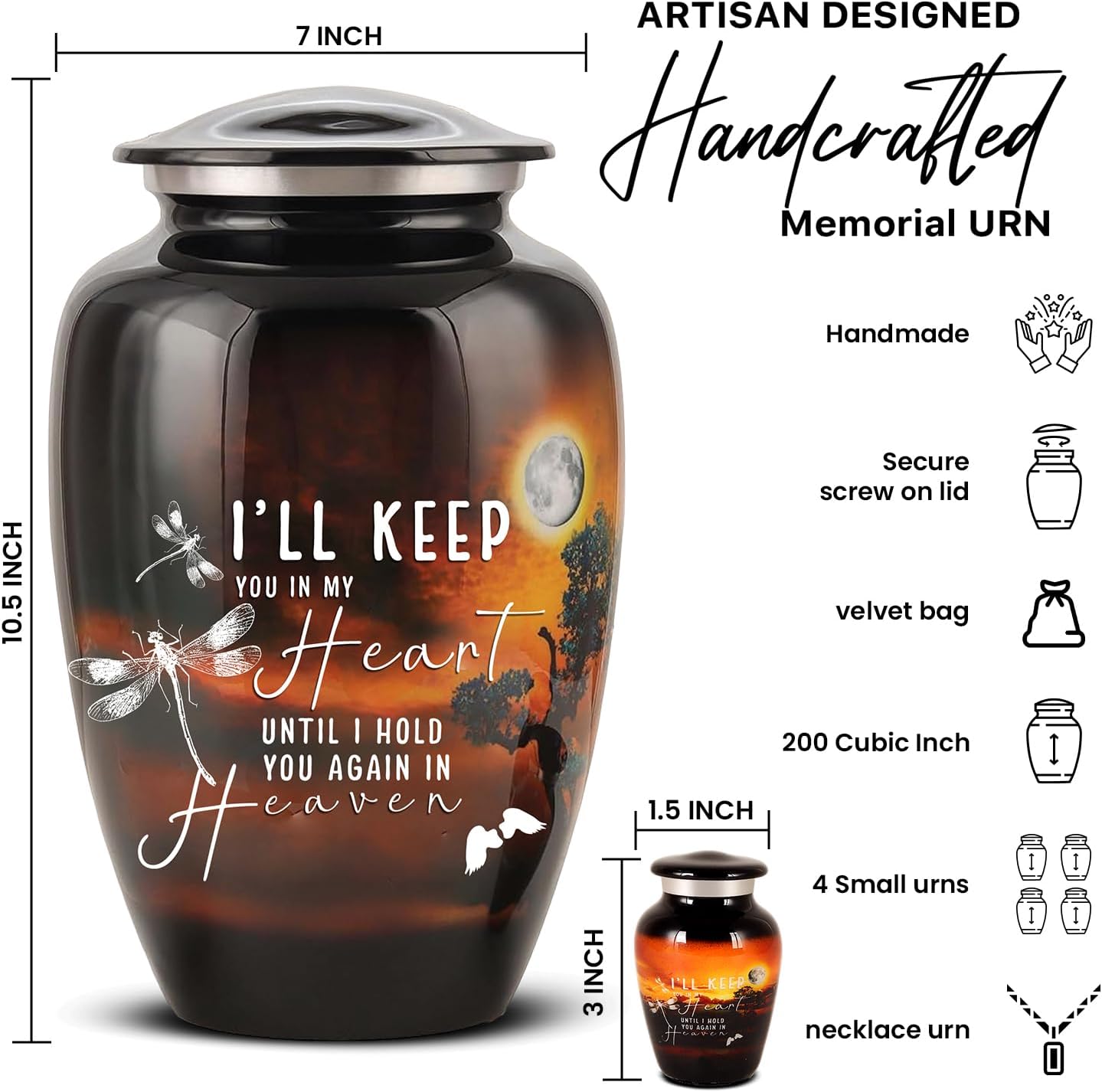 Set of 6 Moonlight Black Decorative Cremation Urns for Ashes Adult Male & Female Includes 1 Large Urn with 4 Small Keepsakes & 1 Necklace for Ashes