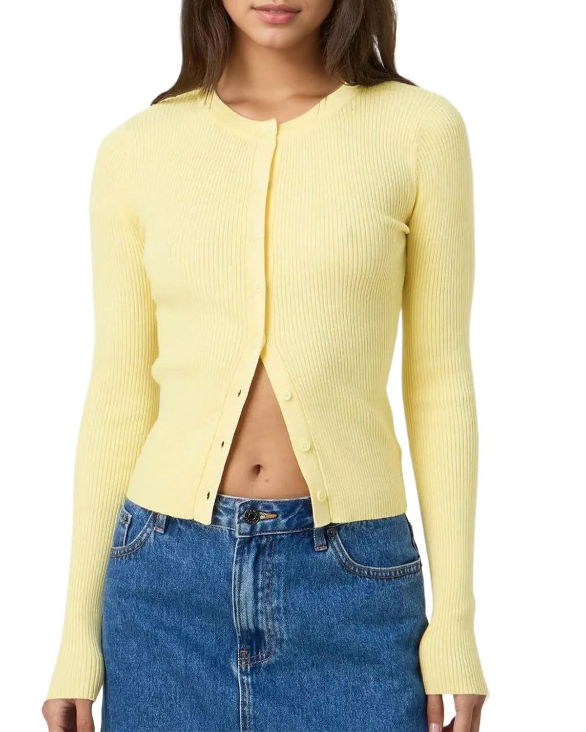Cioatin Women Long Sleeve Button Up Ribbed Knit Crop Cardigan Y2K Slim Fit Round Neck Sweater Tshirt Fall