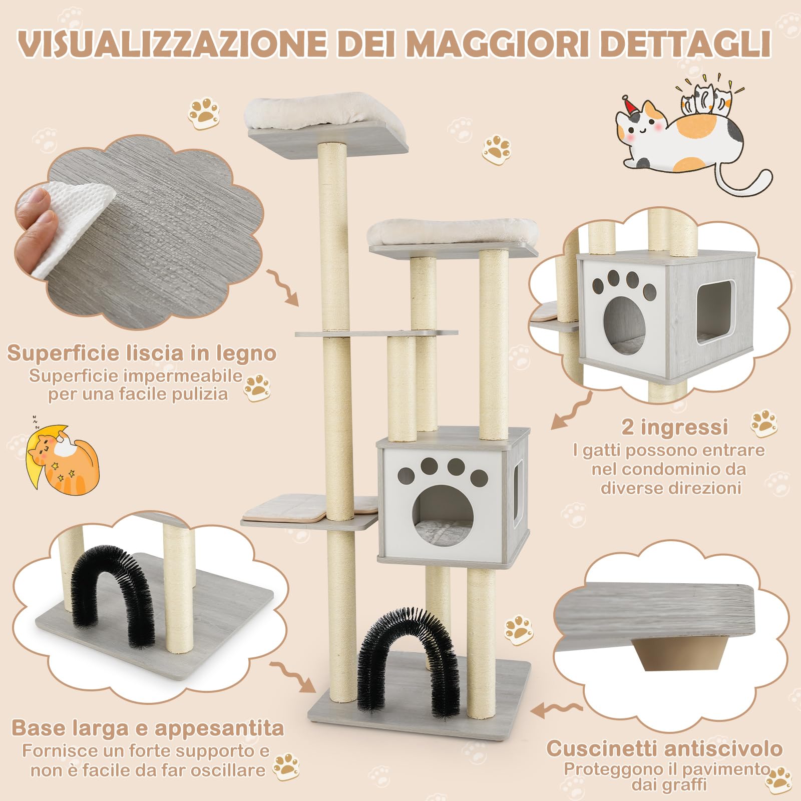 COSTWAY Albero per Gatti 176 cm con 2 Trespoli in Tessuto Felpato, Grigio