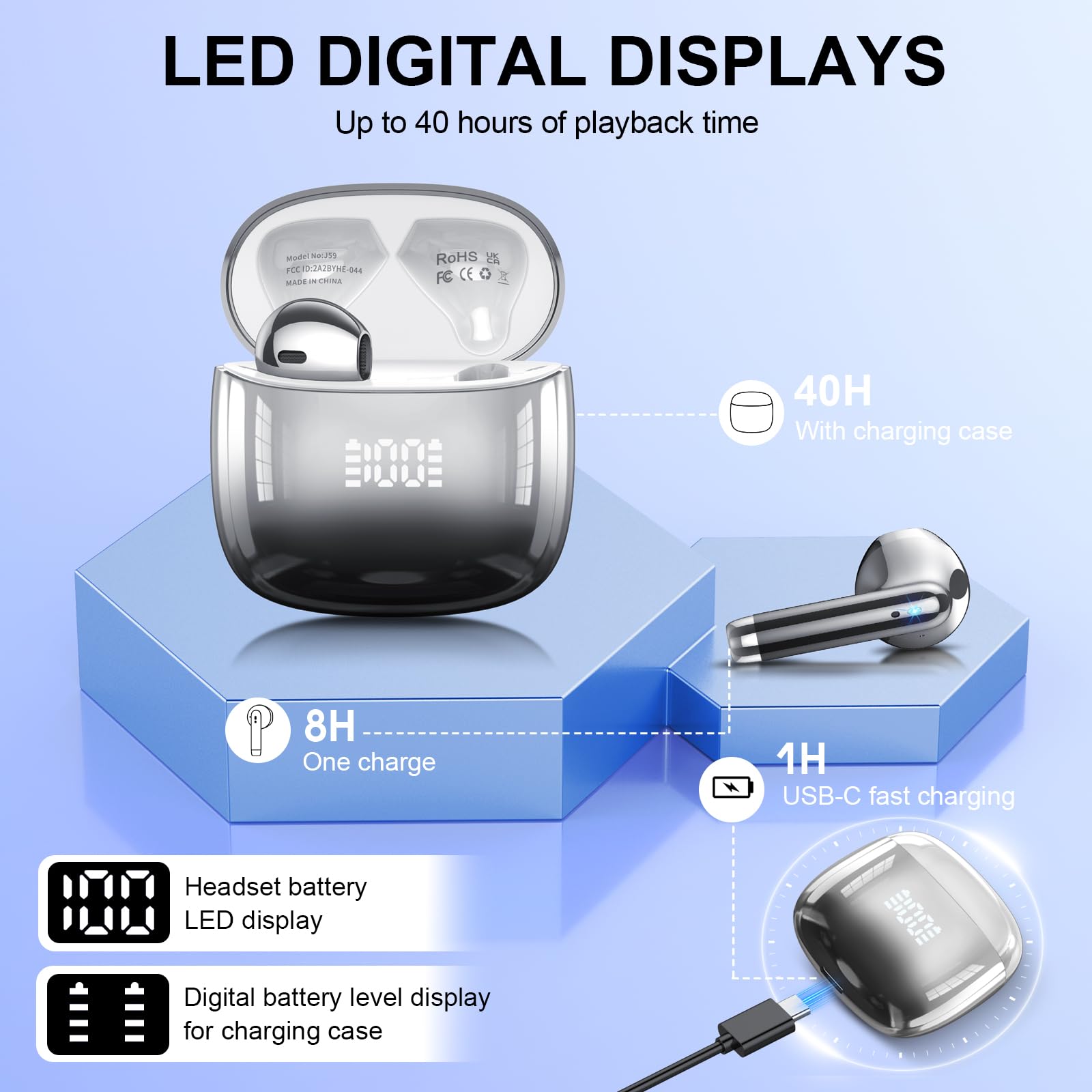 Cuffie Bluetooth, Auricolari Bluetooth 5.4 Incorporato Driver, Cuffie Wireless con Bassi Icmmersivi, IP7 Impermeabili Cuffiette Bluetooth