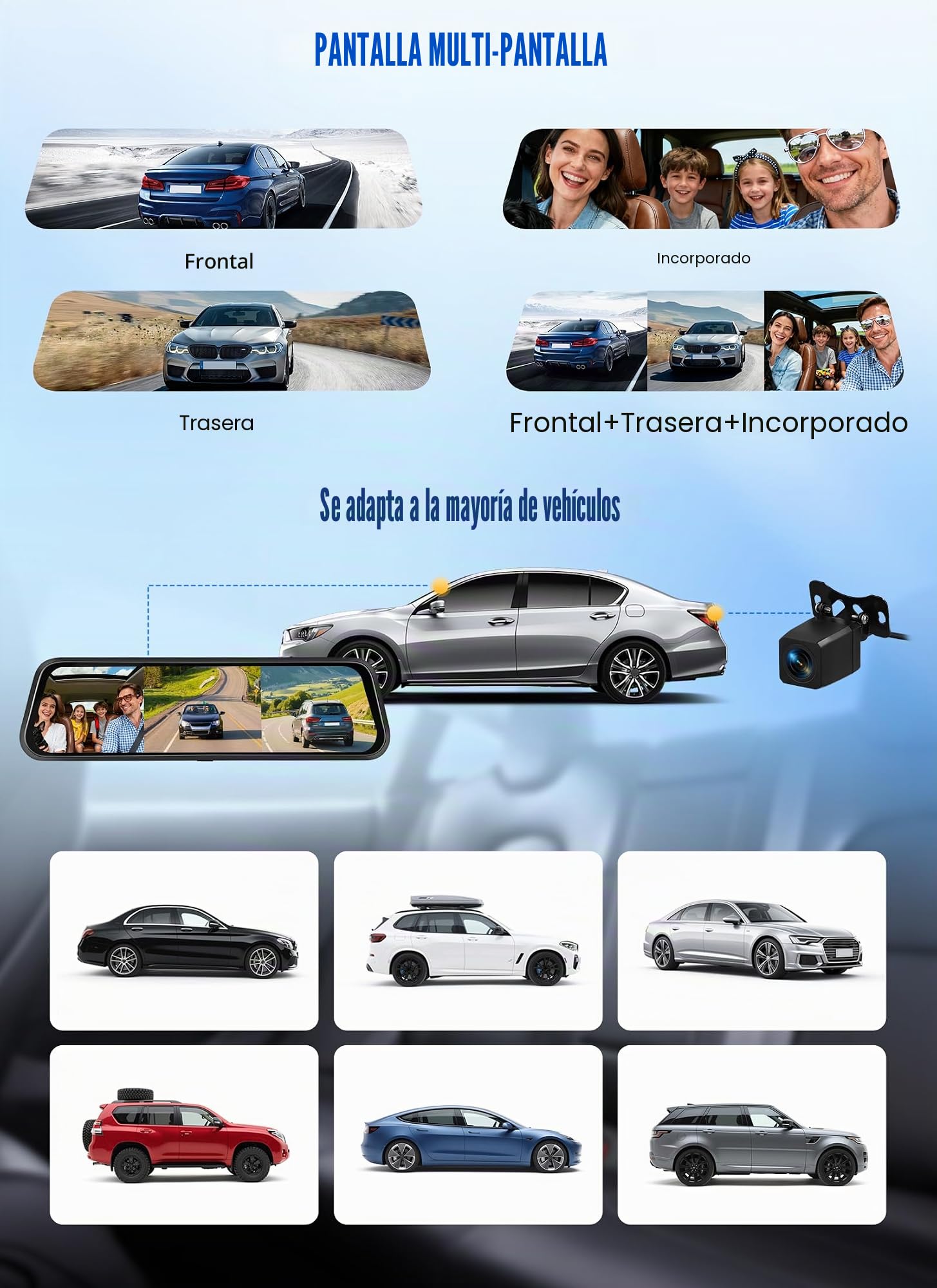 CAMECHO Mirror Dash CAM Pantalla de 9.66 Pulgadas 2K, Dashcam con Tres Cámaras: Frontal/Interior/Trasera -WiFi grabación en Bucle/Sensor de Gravedad/Asistencia al estacionamiento