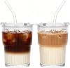 2 Pack 400ml Glass Tumbler with Lids and Straws - Ribbed Iced Coffee Cups, Clear Leak Proof Glasses for Iced Latte, Matcha, Juice, Smoothies & Cold Drinks