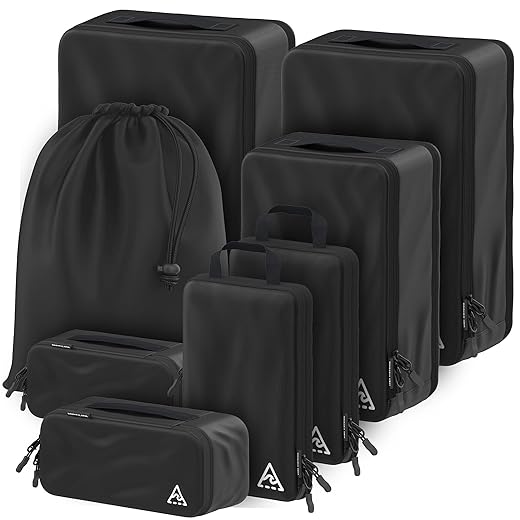 Well Traveled 8 pcs Compression Packing Bags Cubes Set with HybridMax Double-Capacity Design - Packing Cubes for Travel Compression to Maximize Limited Luggage Space, Black