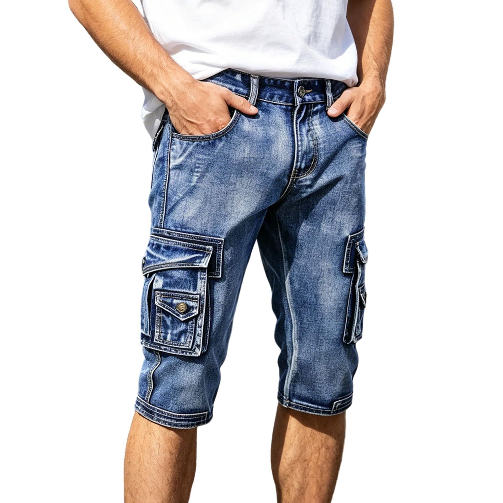 Generisch 3/4 Hose Herren Jeans： Dreiviertel Große Größen Caprihosen Stretch Cargo Shorts Knielang Cargohose Vintage Caprileggings Caprijeans Leichte Jeanshose