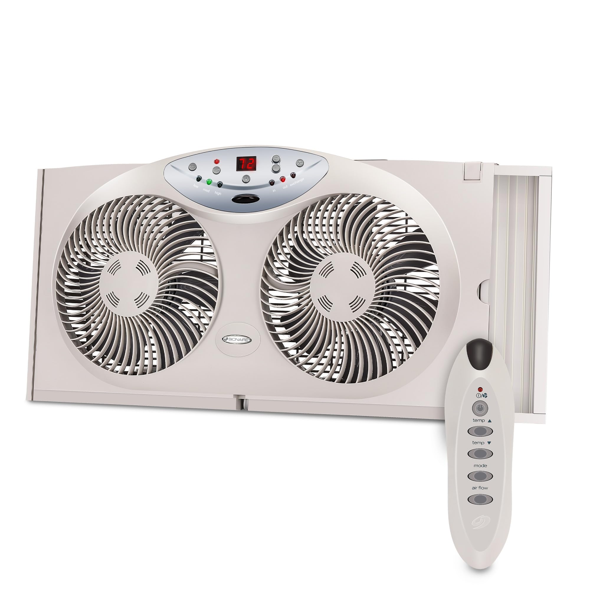 Bionaire Window Fan with Reversible Airflow Blades – 3-Speed Settings, Programmable Thermostat, LED Display, Remote Control, Fits 24–36" Windows, No Assembly Required